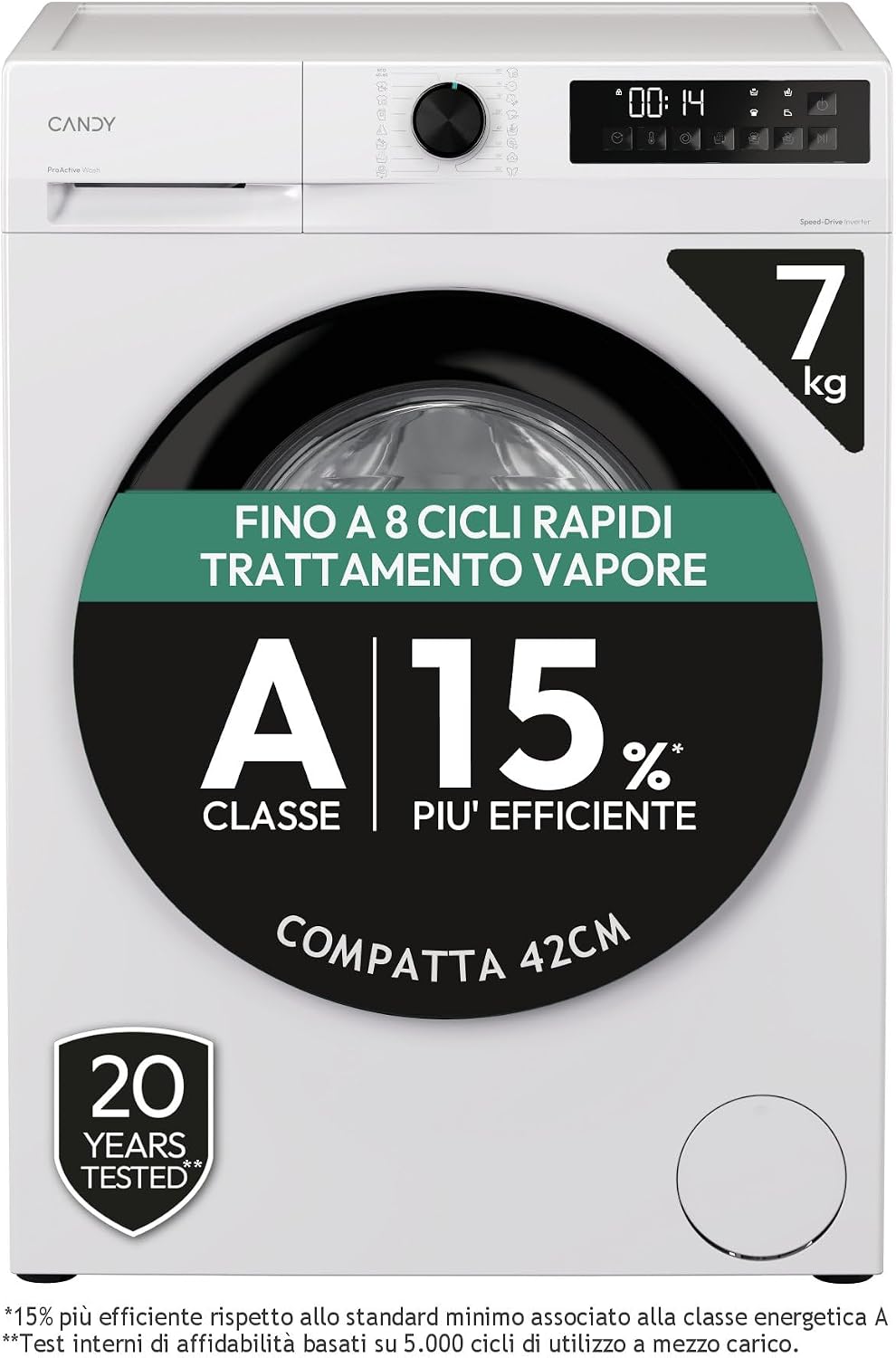 CANDY, Lavatrice, A-15, 7 Kg, 46,7 cm, Bianco, motore inverter