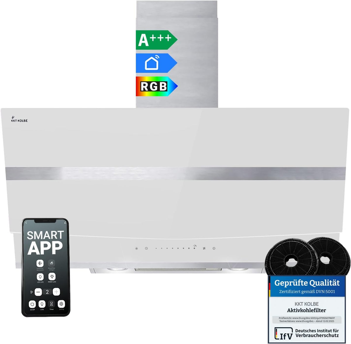 KKT KOLBE, Cappa aspirante, HERMES9005WM, 90 cm, 60 cm, Bianco/Argento, acciaio inox, illuminazione LED, Wi-Fi, spegnimento automatico