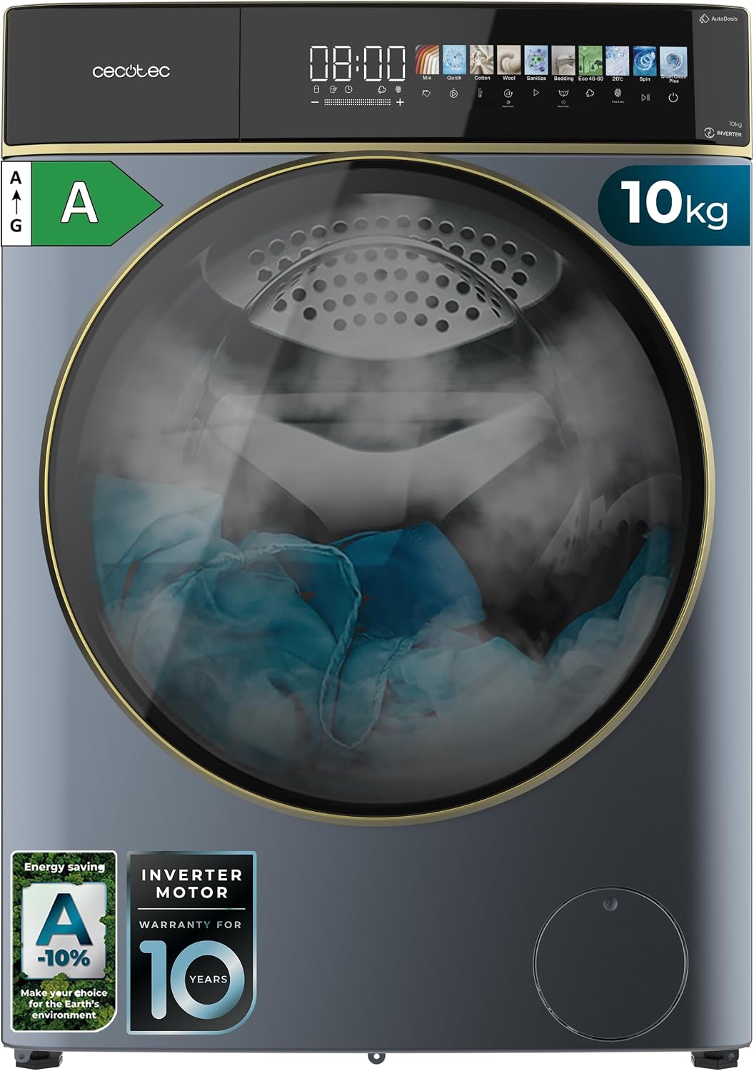Cecotec, Lavatrice, 8 Kg, 1400 giri/min, 52 cm, Argento, motore inverter