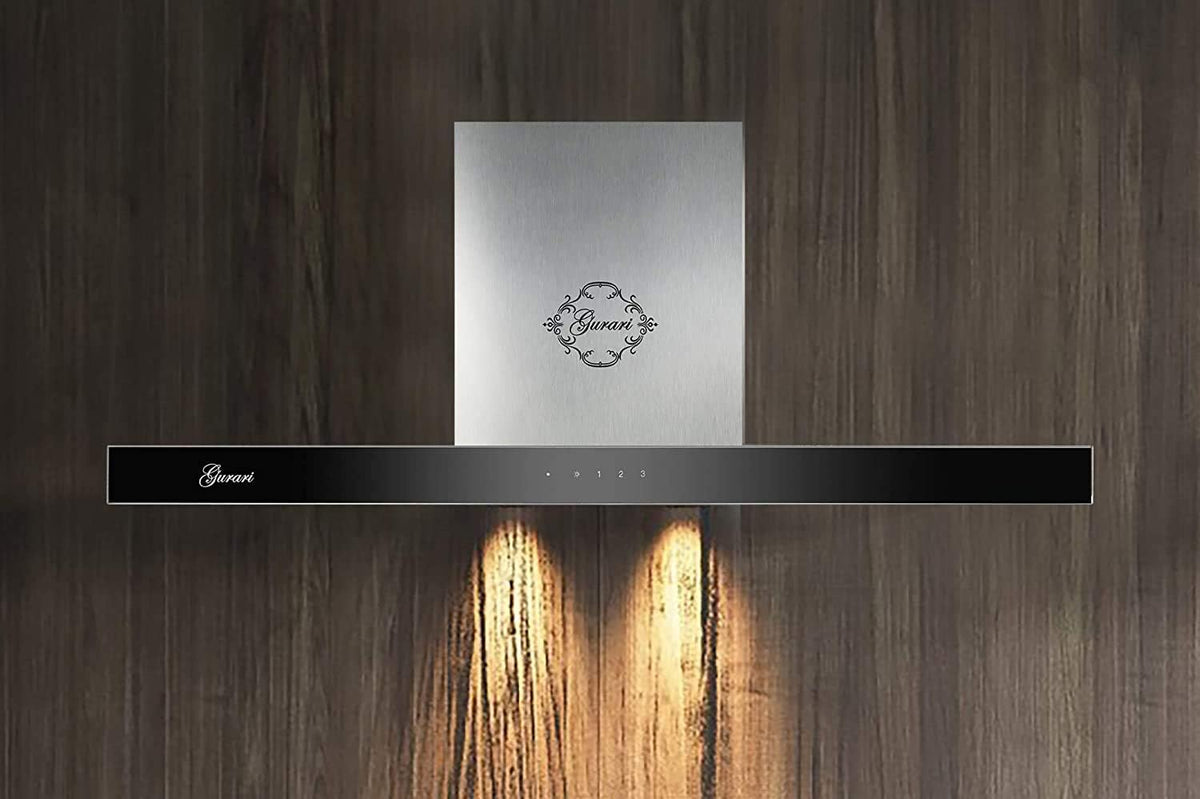 GURARI, Cappa aspirante, 90 cm, 1000 m³/h, 150 mm, Nero/Argento, acciaio inox, illuminazione LED, telecomando, timer