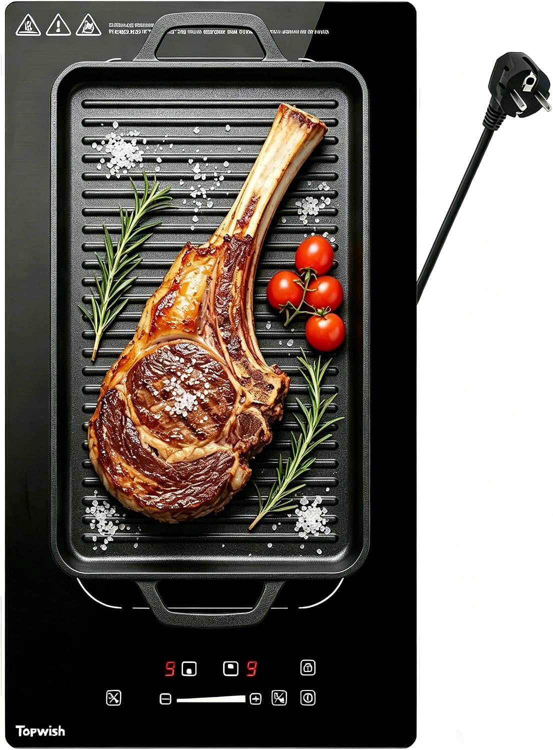 TOPWISH, Piano cottura a induzione, 30 cm, 3500 W, 5.6 cm, Nero, timer, spegnimento automatico