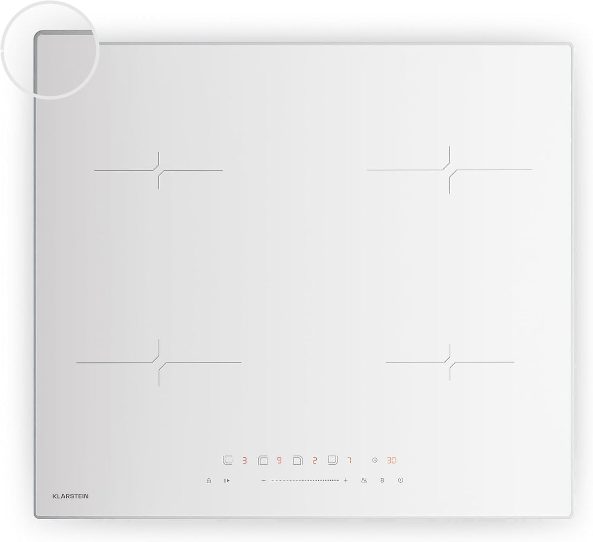 KLARSTEIN, Piano cottura a induzione, 60 cm, 7000 W, 2 x 18 cm, Bianco, alluminio, illuminazione LED, timer, spegnimento automatico