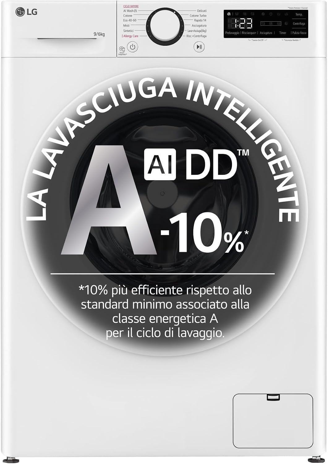 LG, Lavasciuga, D4R3009NSWW, 9 / 6 kg, 56,5 cm, Bianco, acciaio inox, motore inverter