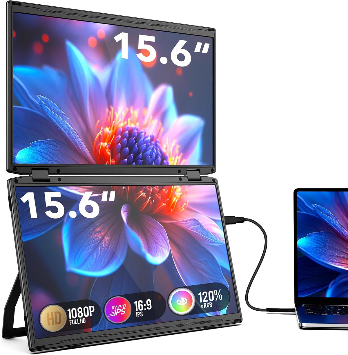 Monitor, 1080P, SMISEACOW, 15,6 pollici, 1,4 kg, 24 mm, Nero, struttura pieghevole, USB