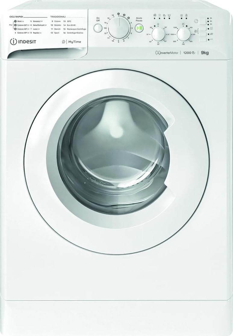 Indesit, Lavatrice, 91296 W, 9 Kg, 1200 giri/min, Bianco, acciaio inox, illuminazione LED, Wi-Fi, motore inverter