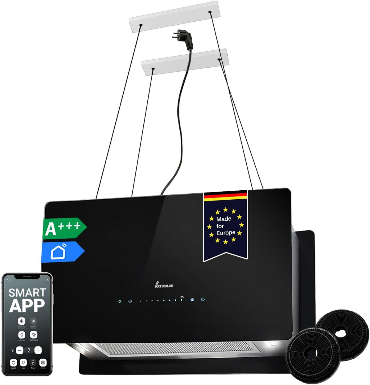 KKT KOLBE, Cappe a isola, CUBE60S, 60 cm, Nero/Argento, illuminazione LED