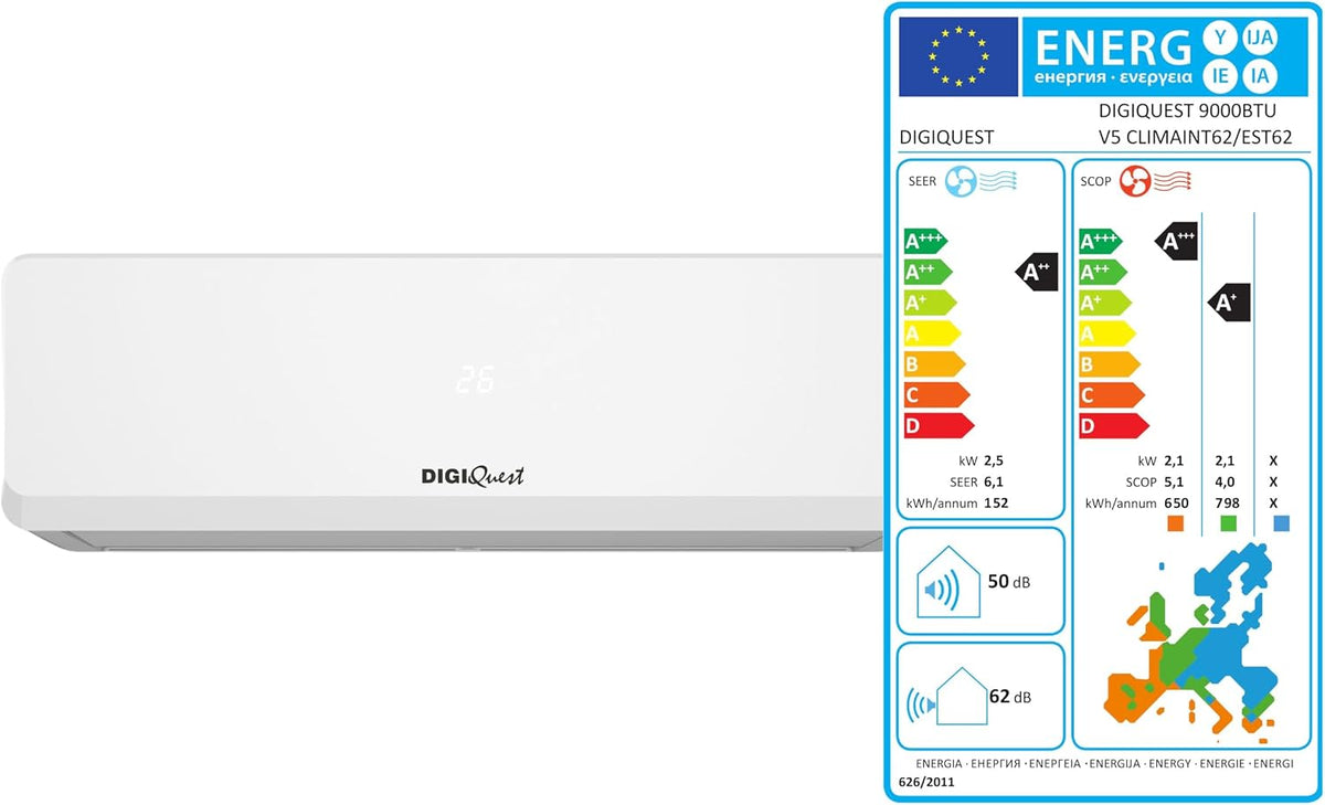 DIGIQUEST, Condizionatore, 9000BTU, 9000 BTU, 37 dB, Nero, Wi-Fi, telecomando, timer, motore inverter