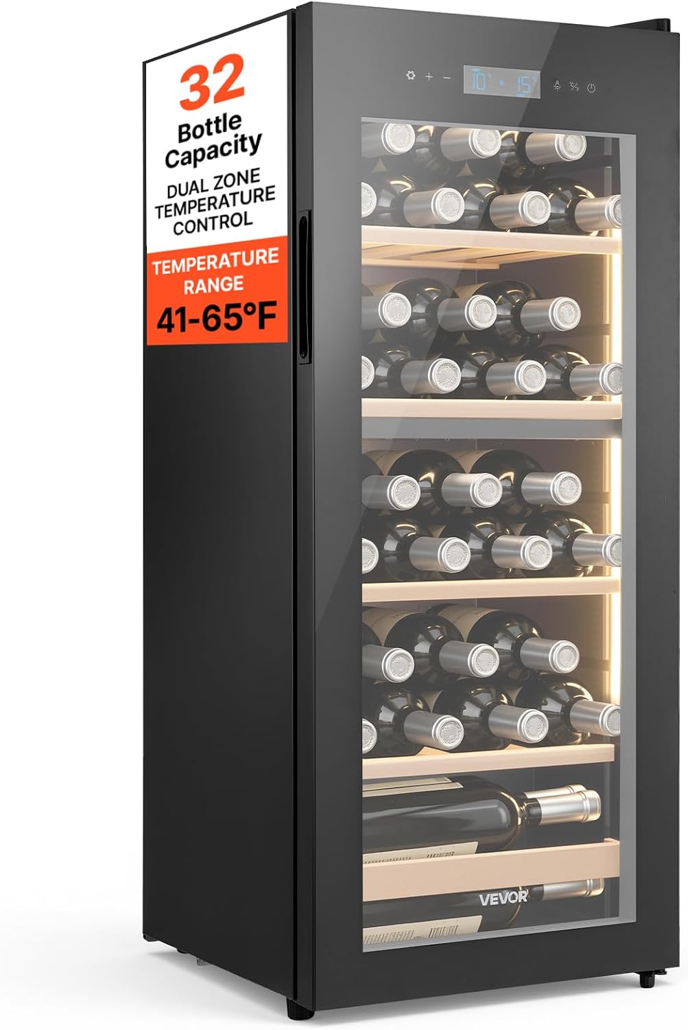 VEVOR, Cantinetta vino, 32 Bottiglie, 5°C, 39 dB, Nero, vano contenitore, struttura modulare, illuminazione LED