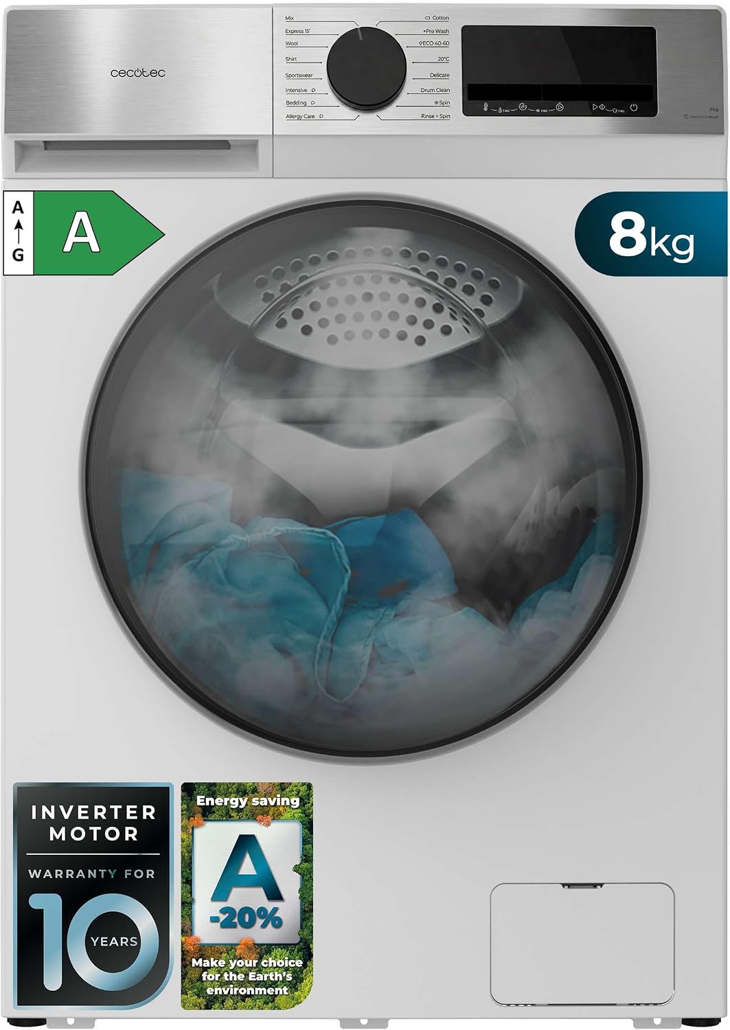 Lavatrice, A-20, Cecotec, 8 Kg, 1400 rpm, 1400 giri/min, Bianco, acciaio inox, illuminazione LED, motore inverter