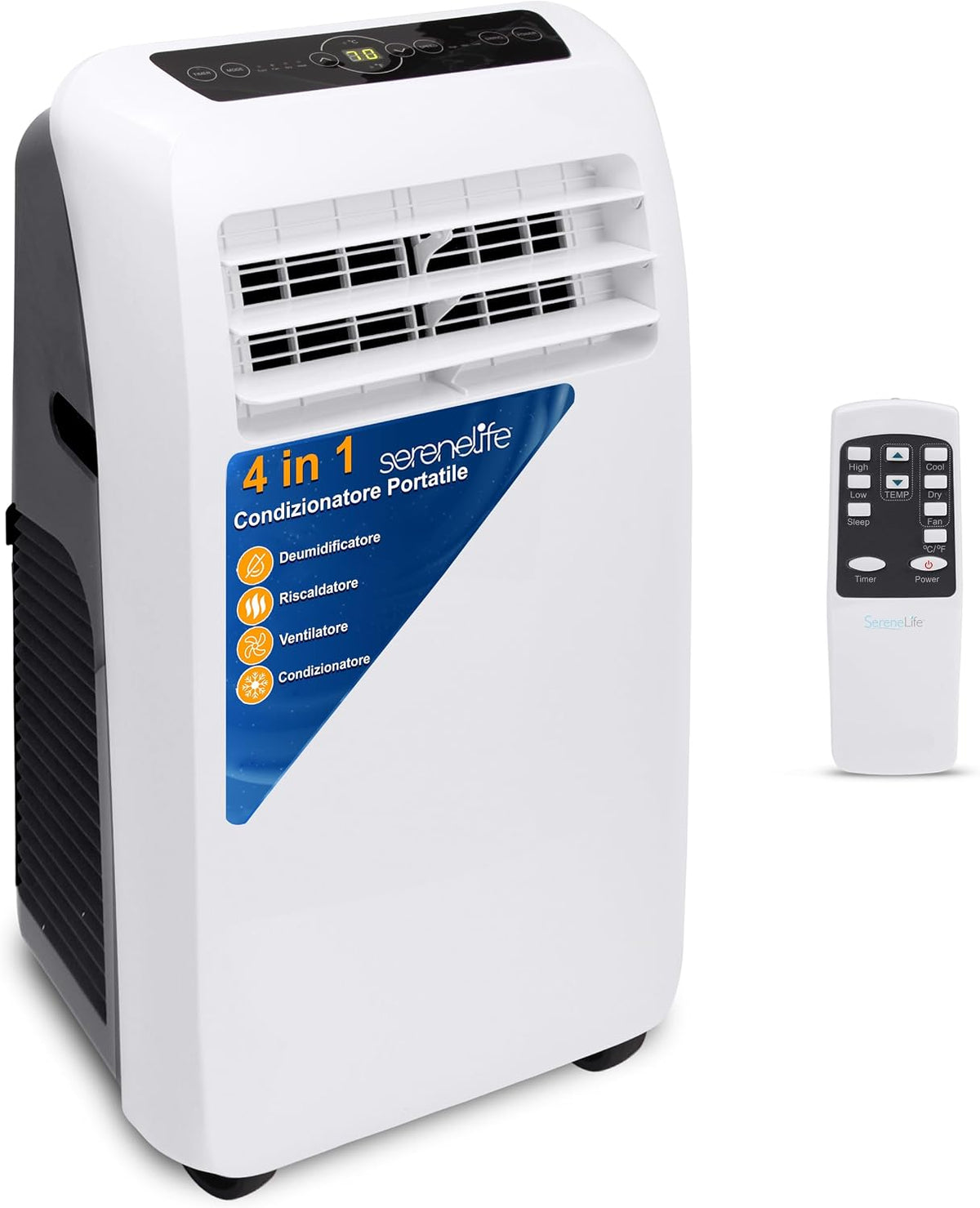SereneLife, Condizionatore portatile, 9,000 BTU, 15 litri, Bianco, telecomando, timer