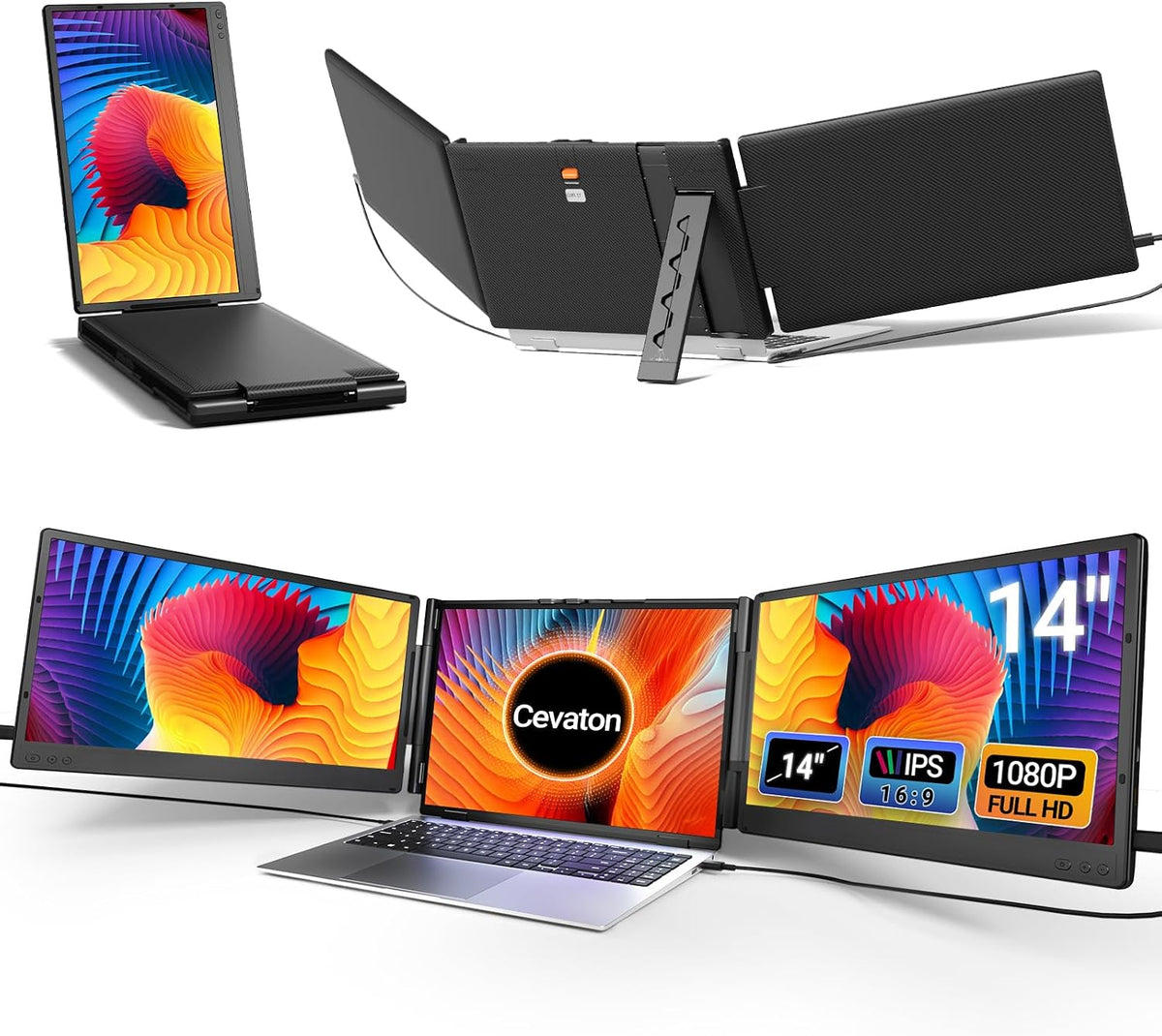 Cevaton, Monitor, 1080P, 14 pollici, Nero, struttura pieghevole, USB-C