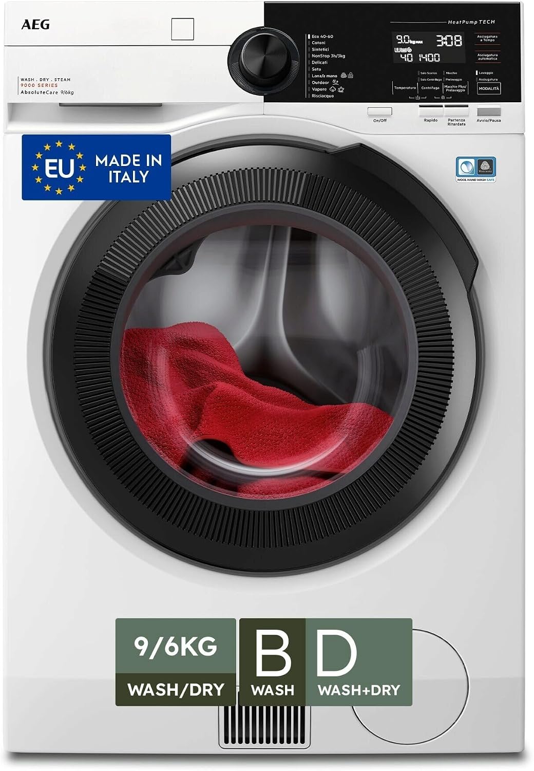 AEG, Lavasciuga, LWR9E964MB, 9 kg, Bianco, pompa di calore