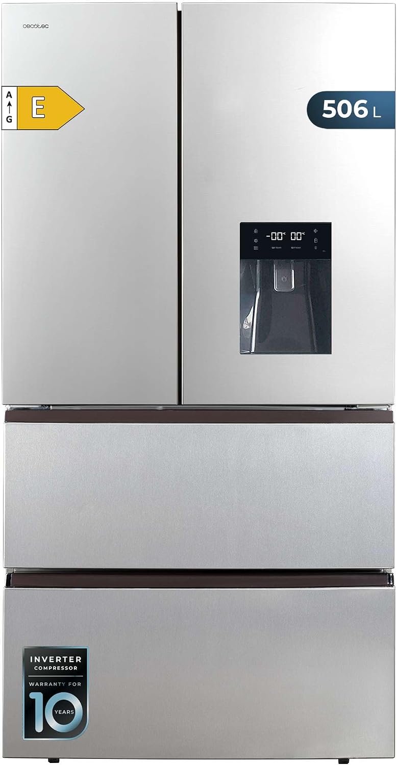 Cecotec, Frigorifero, 506 L, 10°C, 183 cm, Argento, acciaio inox, No Frost, motore inverter