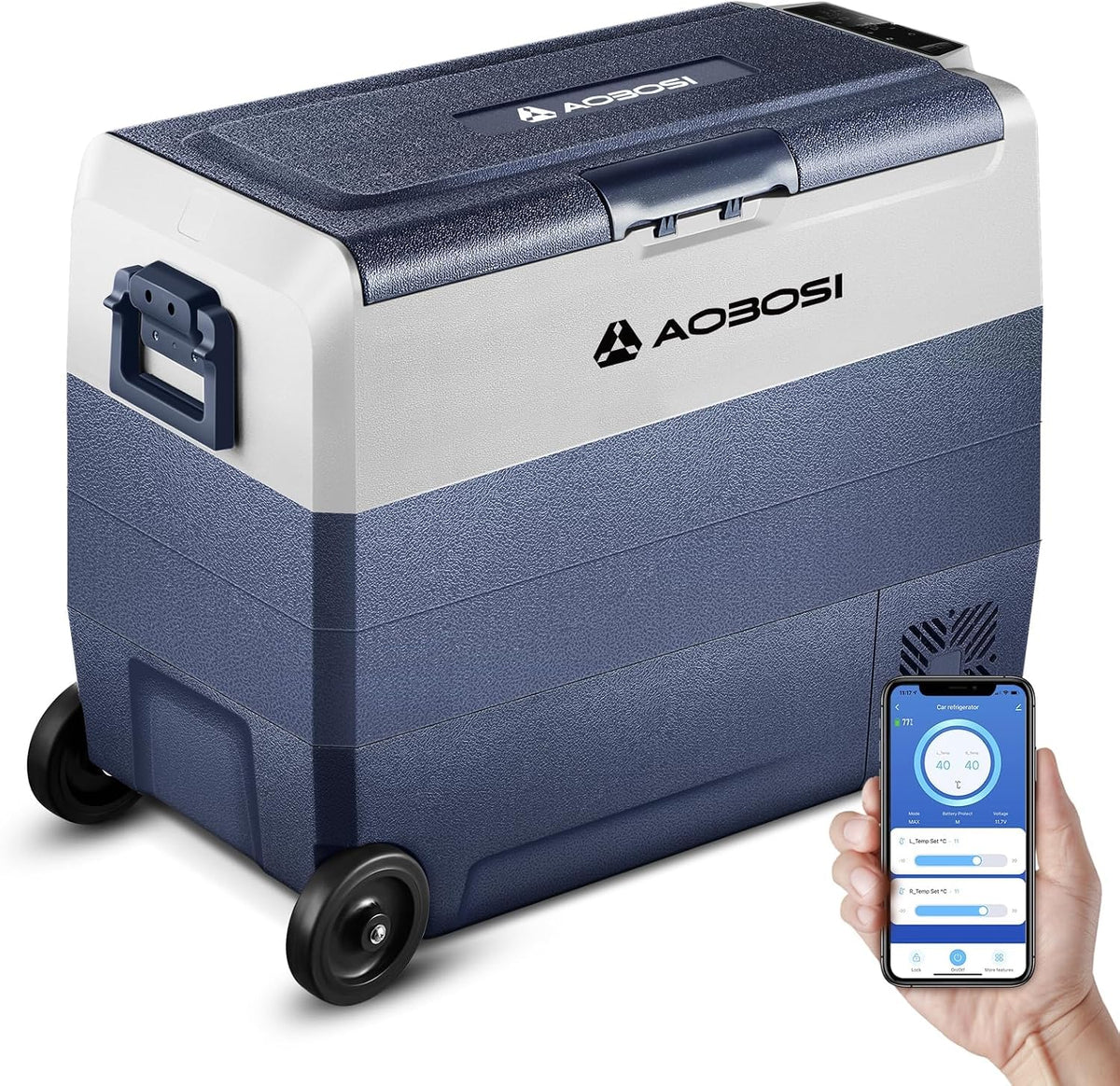 AAOBOSI, Frigorifero combinato, 60 L, 20°C, 12 v, Bianco, illuminazione LED, USB, Wi-Fi, funzionamento senza fili
