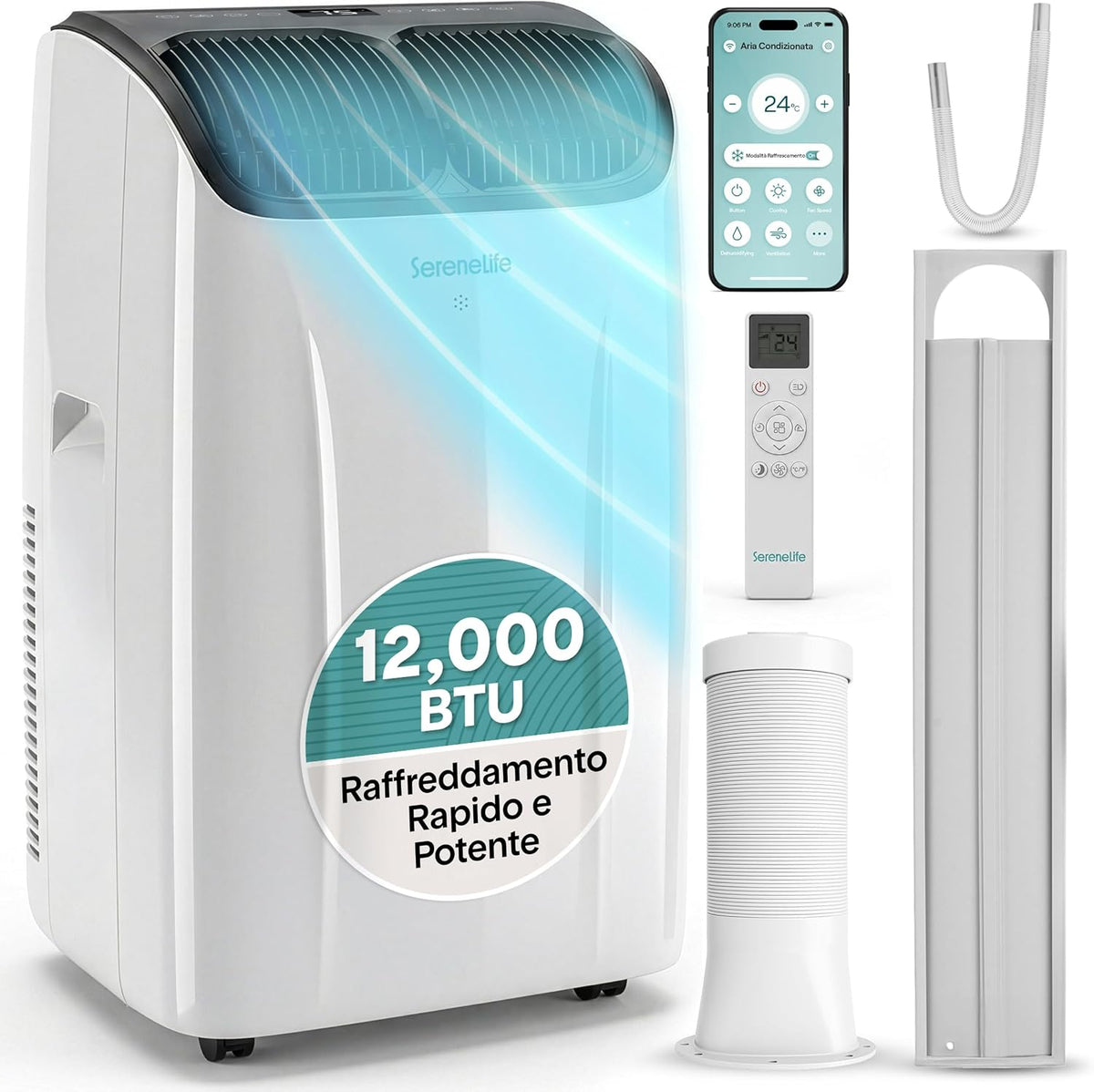 SereneLife, Condizionatore portatile, 12000 BTU, 3,52 kW, 51 dB, Bianco, illuminazione LED, telecomando, timer, 3 in 1