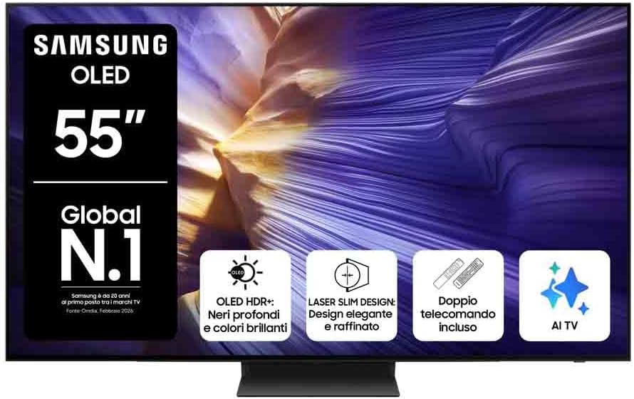 Samsung, Smart TV, QE55S94FAEXZT, 185,1 x 113,3 x 35,9 cm, 55 pollici, Nero, Bluetooth, Wi-Fi, telecomando, funzionamento senza fili