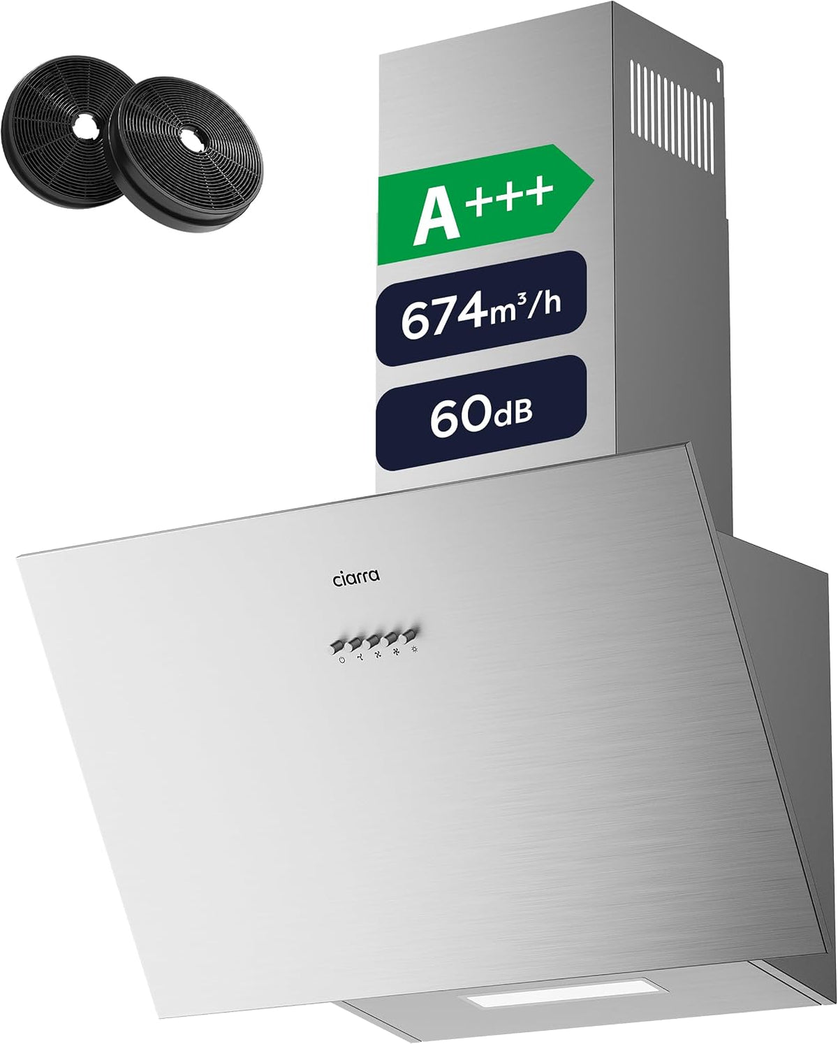 CIARRA, Cappa aspirante, CBCS6762A, 60 cm, 674 m³/h, 60 dB, Nero/Argento, acciaio inox, illuminazione LED