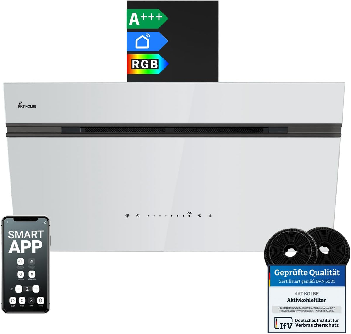 KKT KOLBE, Cappa aspirante, AURORA9005SW, 90 cm, 60 cm, Bianco/Nero, illuminazione LED, Wi-Fi, spegnimento automatico