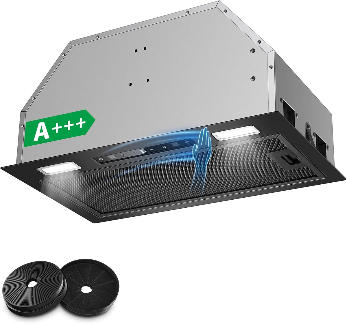 KICHPOWER, Cappa aspirante, 52 cm, 750 m³/h, 64 dB, Nero/Argento, illuminazione LED