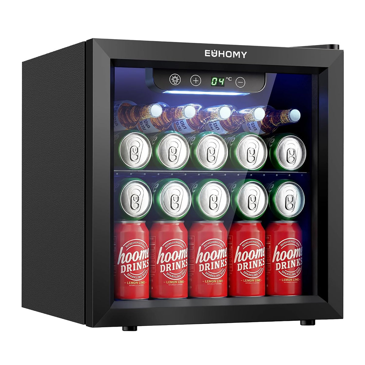 EUHOMY, Frigorifero, 36 L, 43x41x47 cm, 4-16 °C, Nero, illuminazione LED, protezione UV