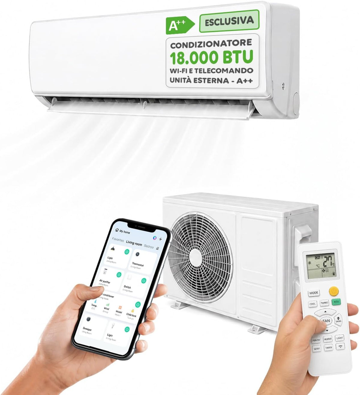 Wintem, Condizionatore, R32, 18000 BTU, 5100 W, 67 dB, Bianco, illuminazione LED, Wi-Fi, motore inverter, pompa di calore