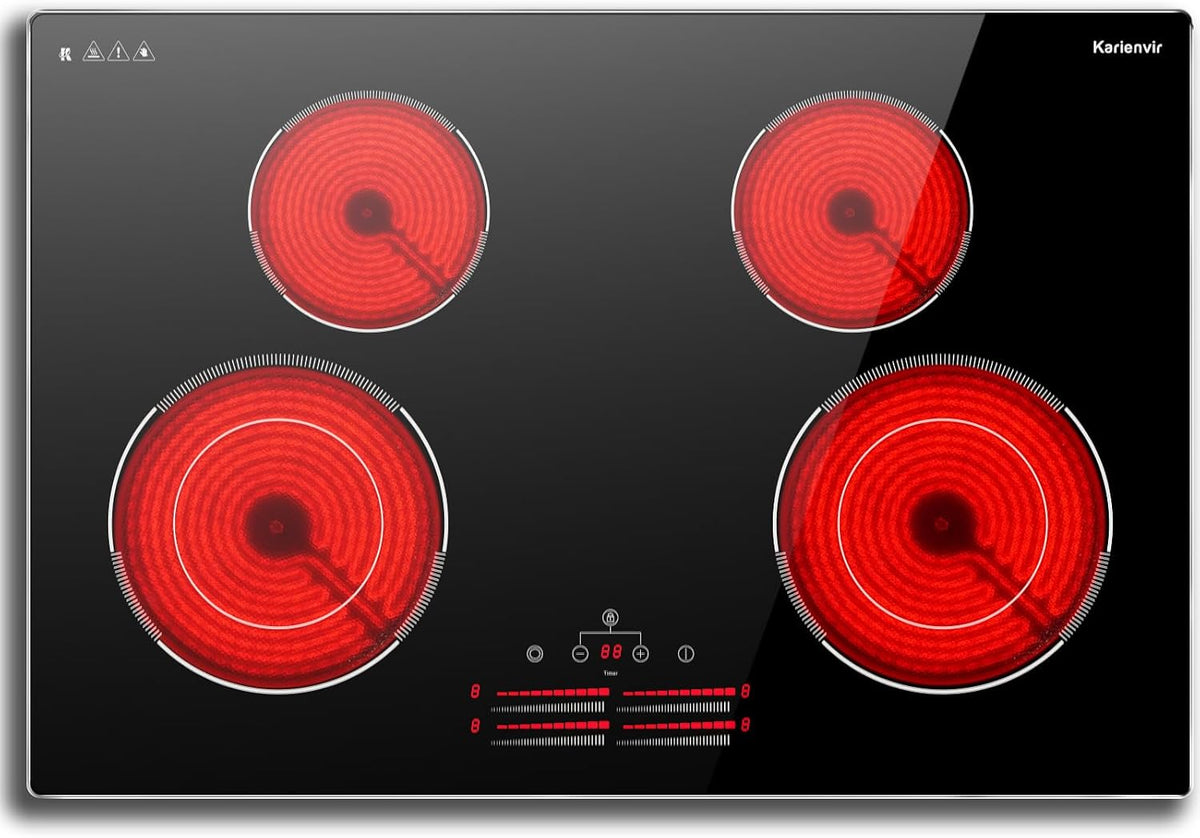 Karienvir, Piano cottura, 77 cm, 7100 W, 240 V, Nero, acciaio inox, timer