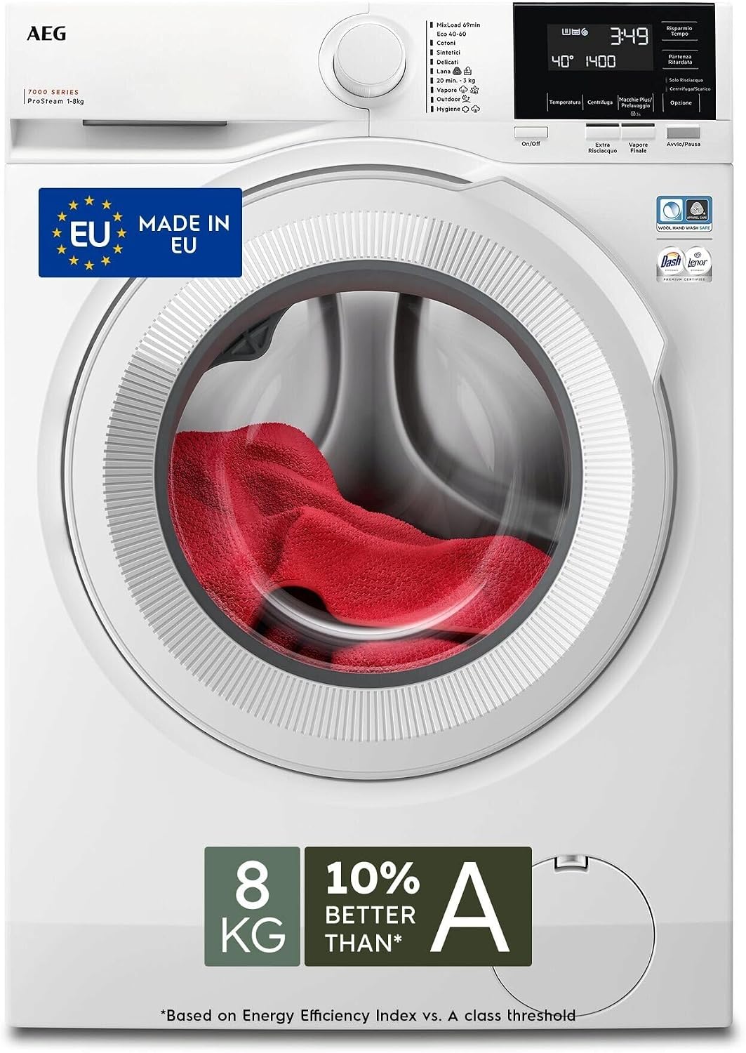 AEG, Lavatrice, LR7G84BW, 8 kg, 847 x 596 x 572 mm, 30°C, Bianco, motore inverter