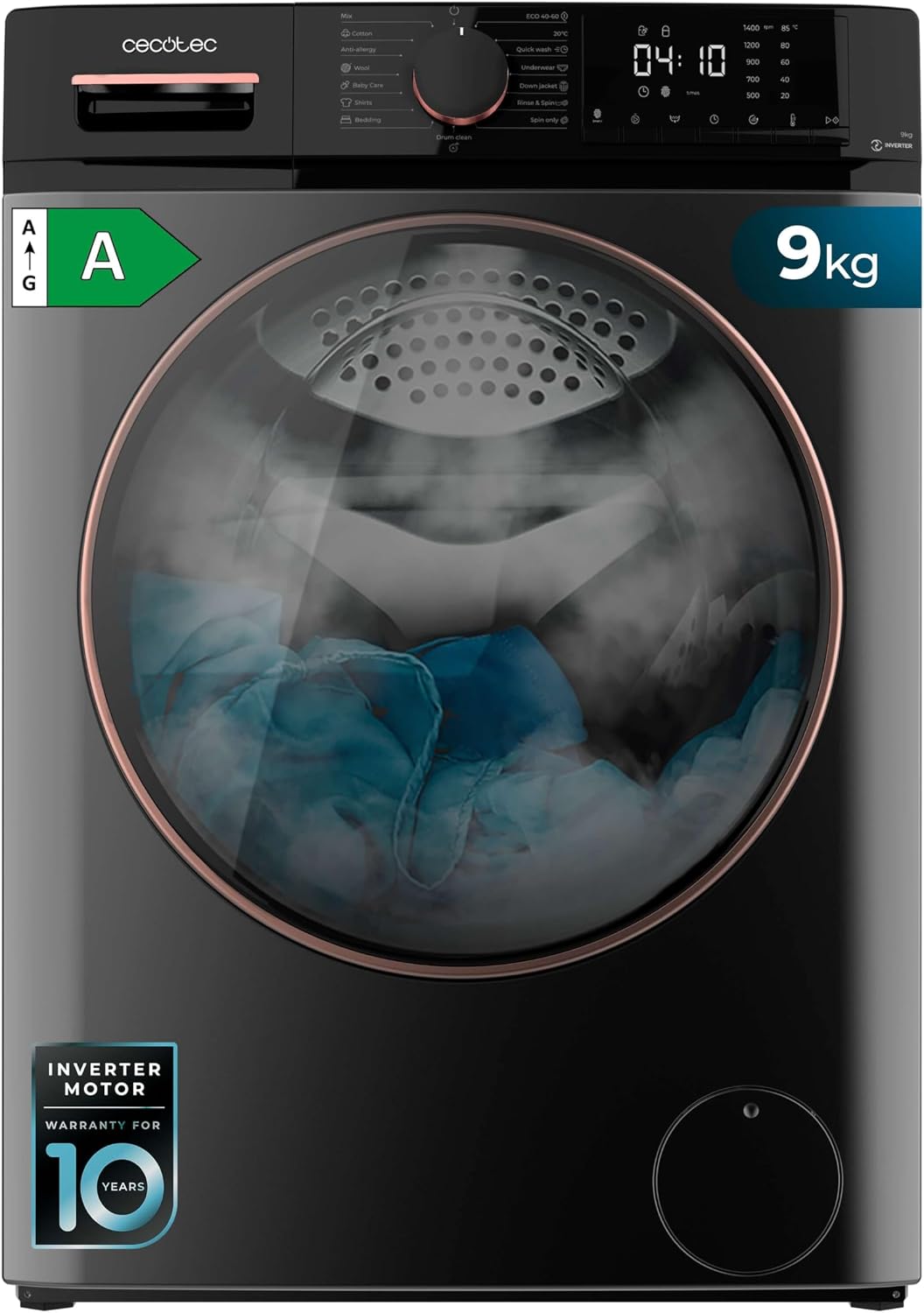Lavatrice, Cecotec, 9 kg, 2000 W, 1400 Giri/Min, Bianco, illuminazione LED, motore inverter
