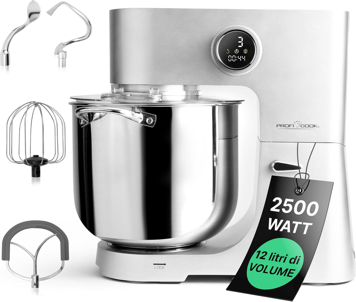 Profi Cook, Robot da cucina, 12 litri, 8,5 kg, 2500 W, Nero, acciaio inox, illuminazione LED