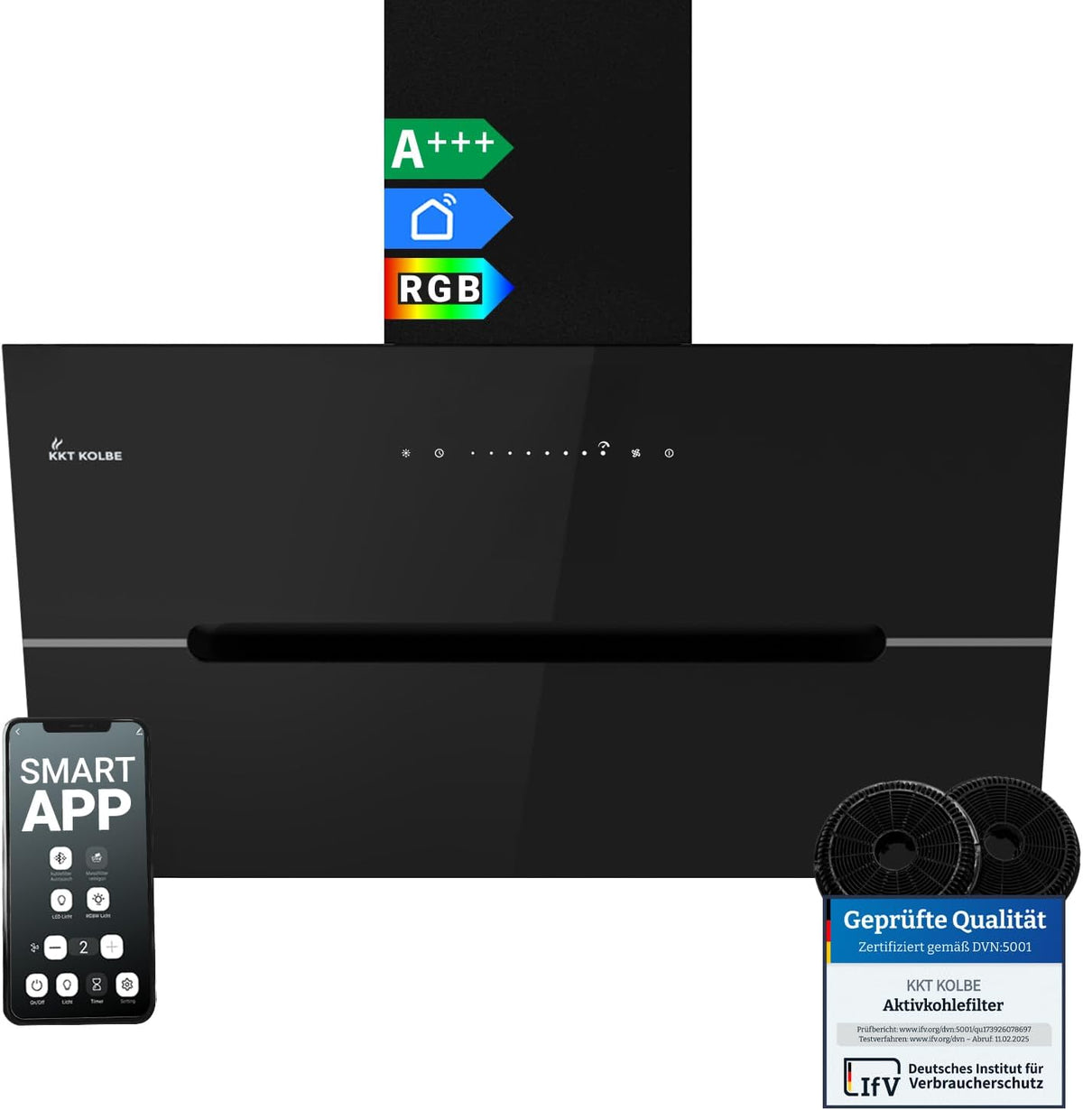 KKT KOLBE, Cappa aspirante, ECCO9005SM, 90 cm, 60 cm, Nero, illuminazione LED, Wi-Fi