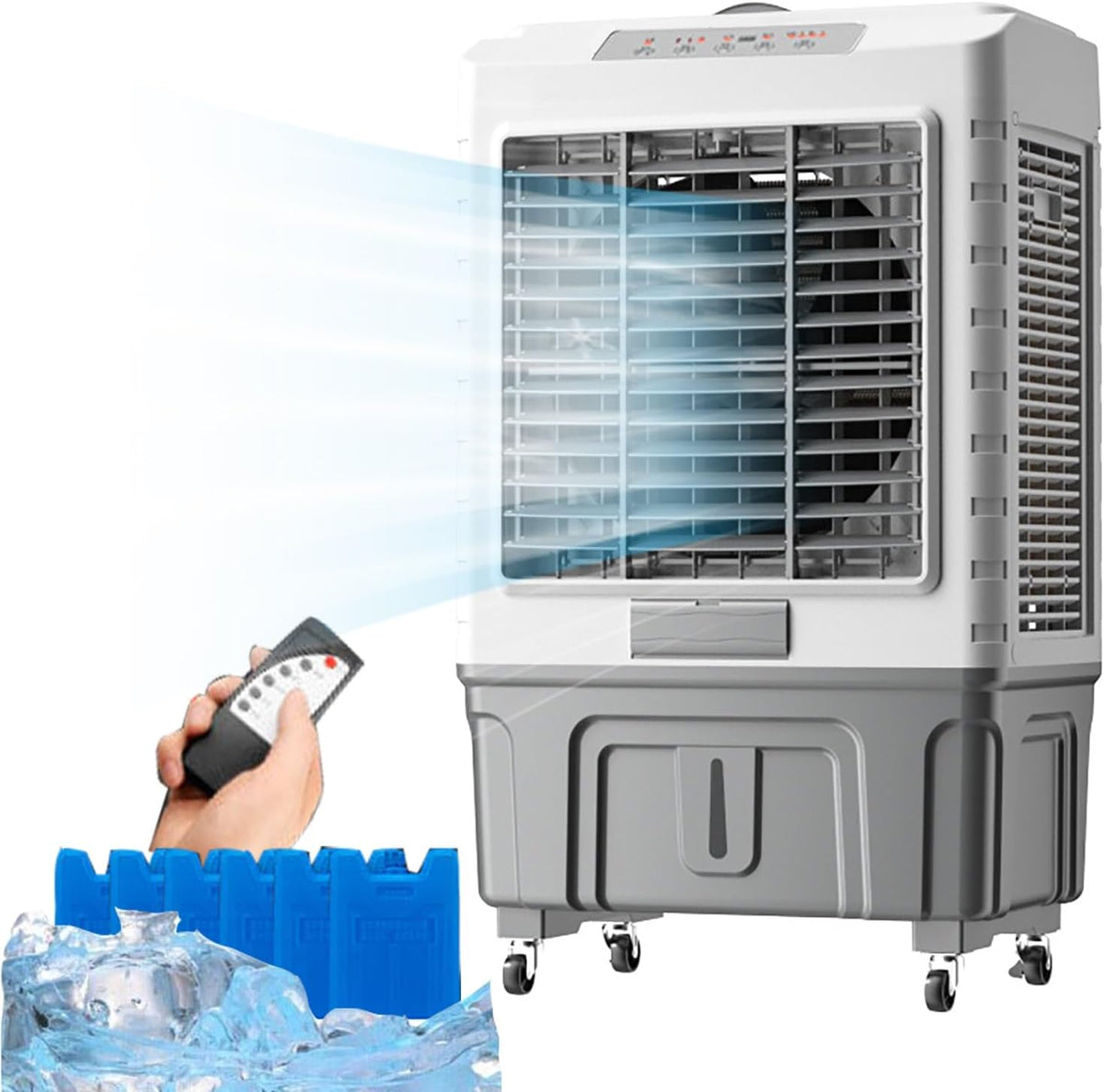 Raffrescatore evaporativo, 55 Litri, 60 m, Bianco, timer, spegnimento automatico, protezione dal surriscaldamento