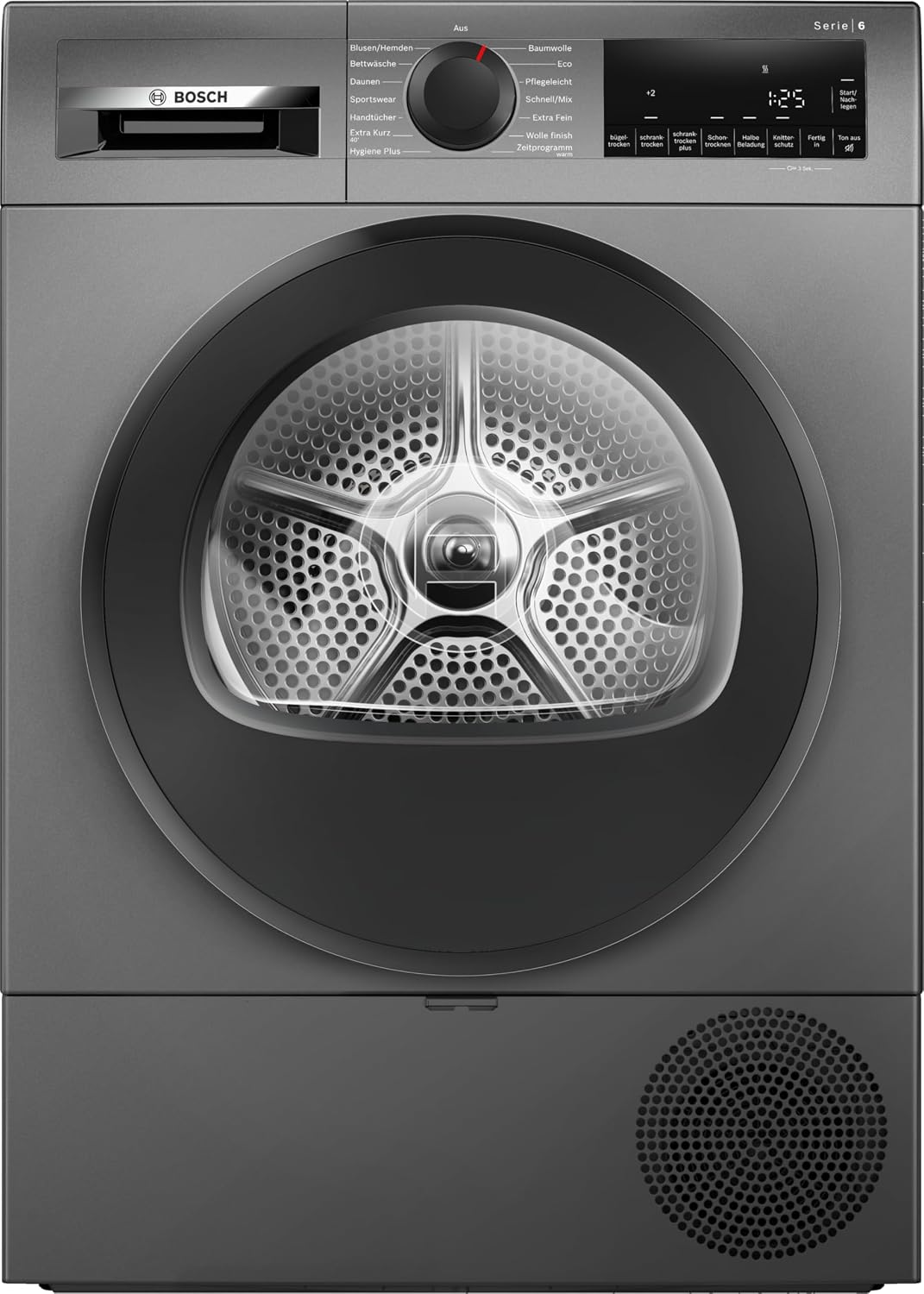 Bosch, Asciugatrice a condensazione, WQG243DR10, 9 kg, 63 dB, 85 cm, Nero, acciaio inox, illuminazione LED, pompa di calore