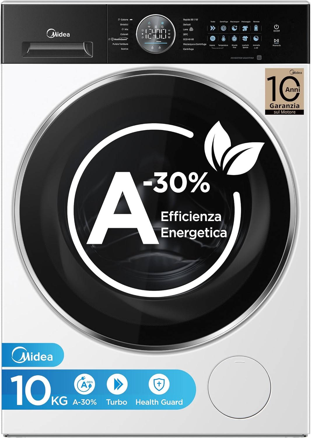 Midea, Lavatrice, A-30, 10 kg, Bianco, motore inverter